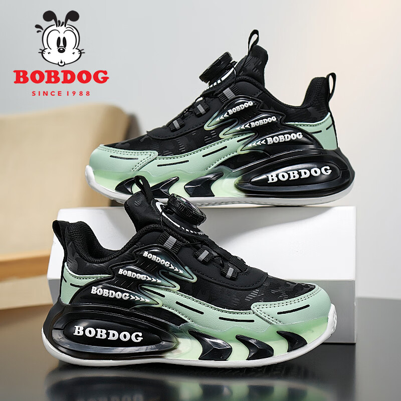 巴布豆（BOBDOG）男童鞋子儿童运动鞋2025春秋新款皮面防水中大童鞋女童防滑休闲鞋 黑绿色 【皮面-防水】 34 码鞋内长约21.7CM