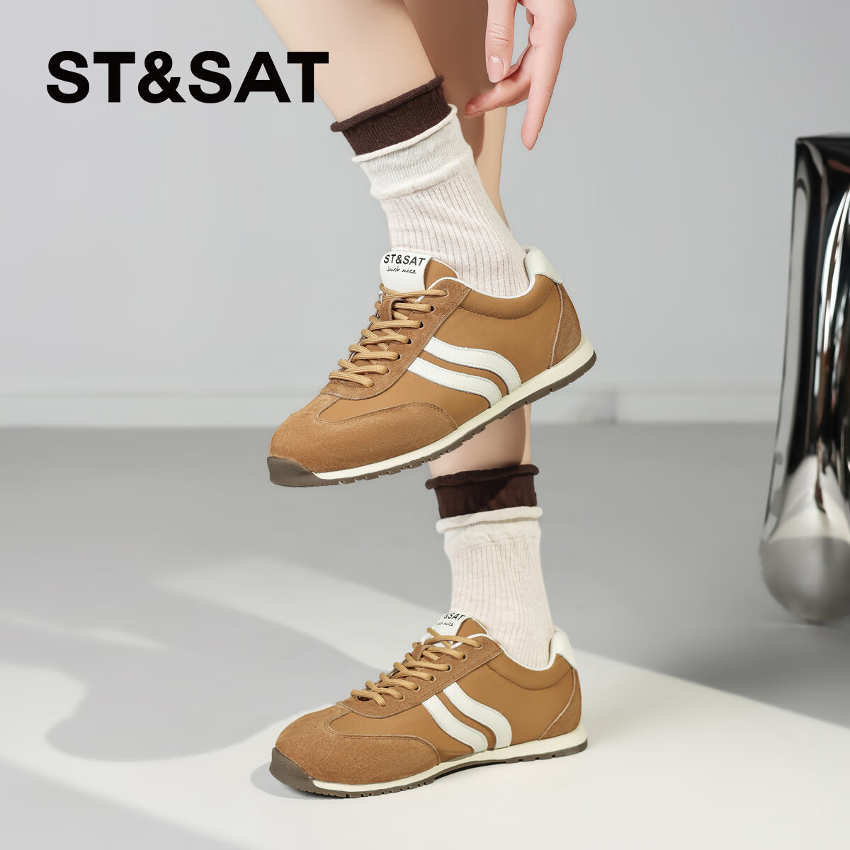 星期六(St&Sat)复古拼色德训鞋2025秋季新款透气防滑运动鞋休闲时尚百搭厚底女鞋 咖啡色 35