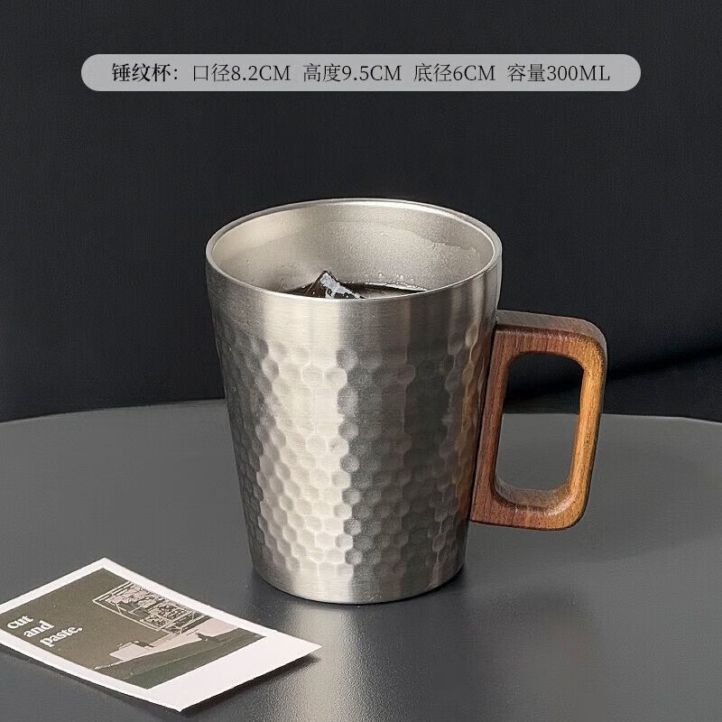 简漾工业风304不锈钢马克杯木柄咖啡杯水杯餐厅复古牛奶果汁杯啤酒杯 锤纹杯