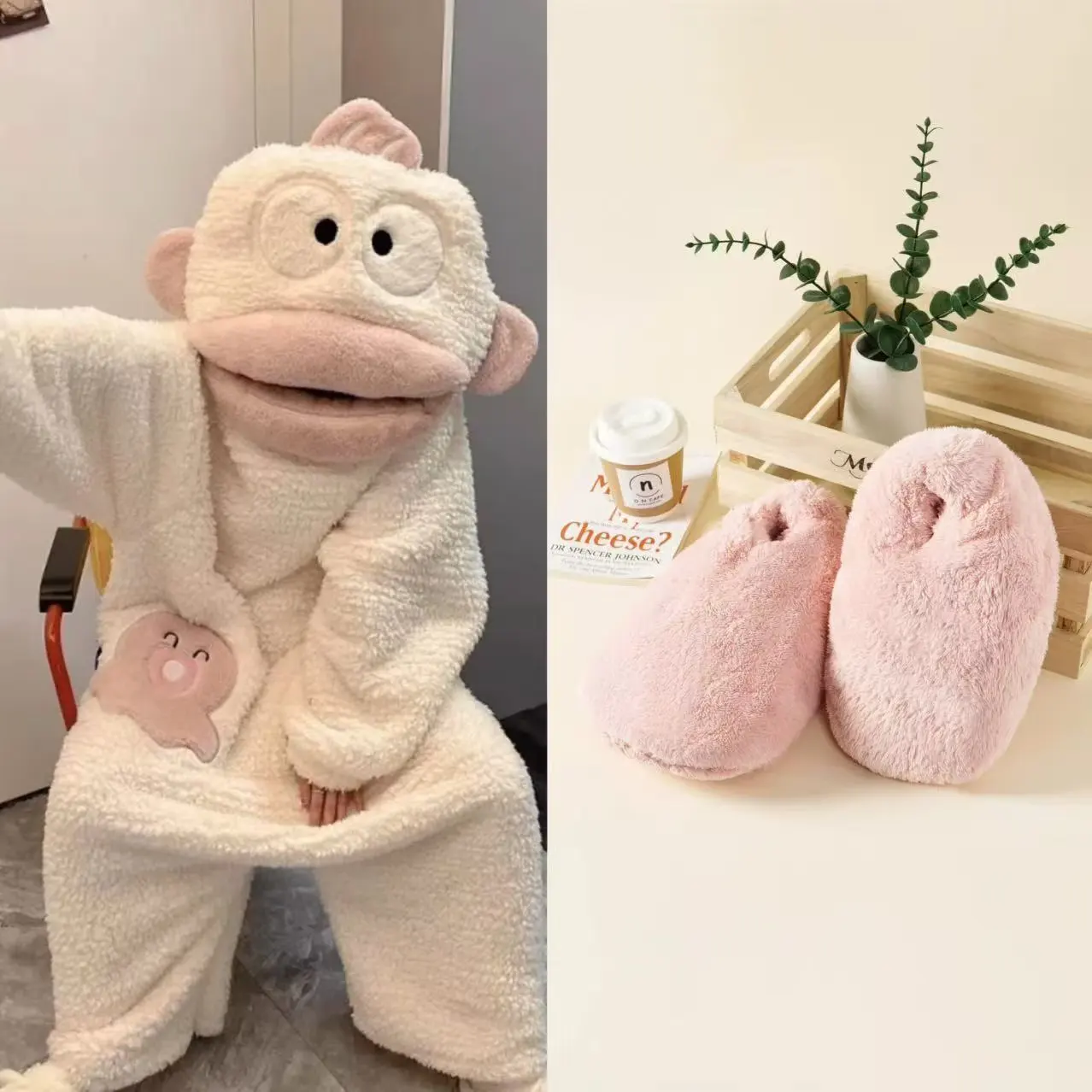 丑鱼睡衣加厚连帽大码搞怪连体睡衣女男秋冬季加厚保暖情侣家居服 丑鱼连体衣+带鞋子 XL 170-182cm(高品质)