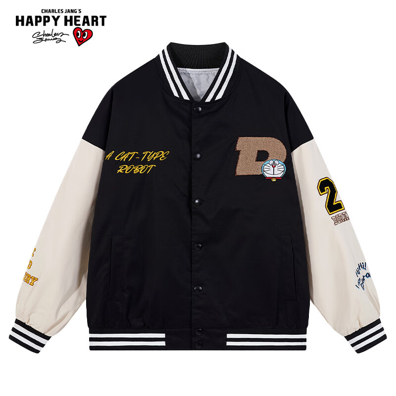 查爾斯桃心 x 哆啦A夢聯(lián)名毛巾繡軟呢卡通字母拼接休閑夾克學(xué)院風(fēng)棒球服男女 黑色 L