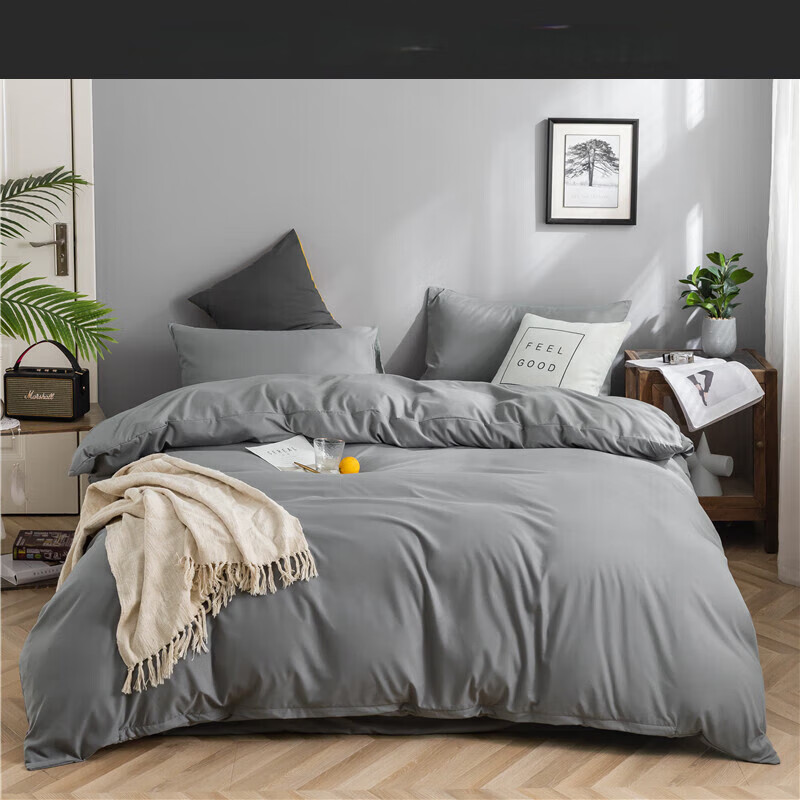 百丽丝水星家纺出品纯棉四件套全棉磨毛纯色床笠款床上床单三件套 绅士灰 床单款 1.5m四件套(被套200x230cm