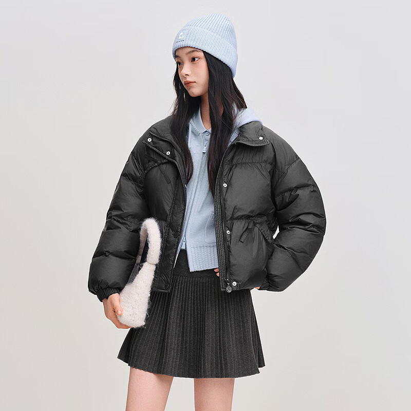 乐町【火山岩】乐町经典面包羽绒服2025年冬季新款短款蝴蝶结保暖外套 乌黑(现货) XS