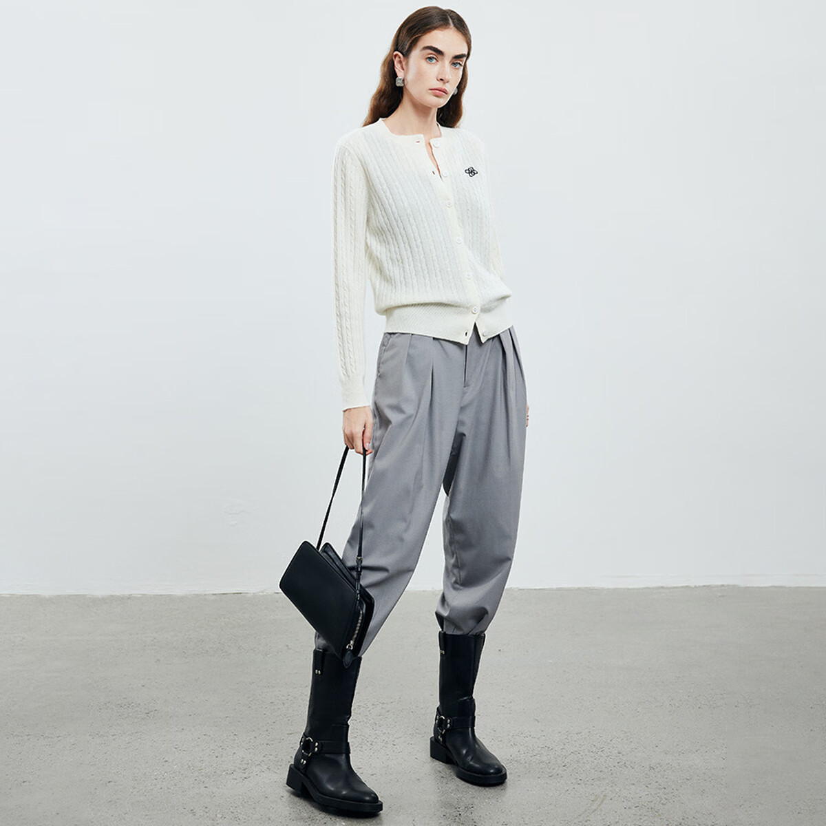 帕罗(PALUOPO)【100山羊绒】秋冬圆领麻花刺绣设计外套开衫百搭羊绒衫女 新古董白 XL 110