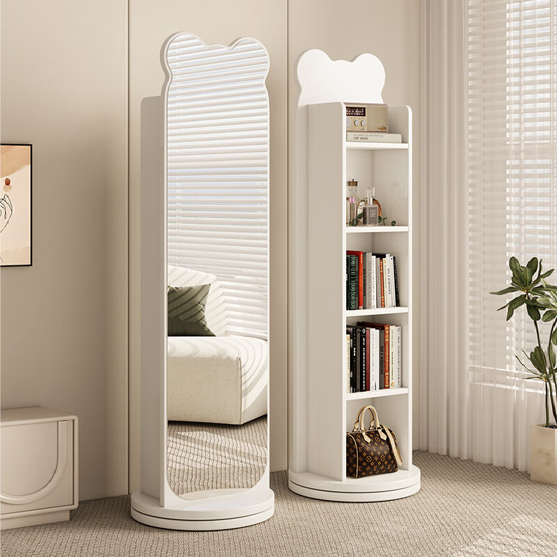 美竹乐小熊书架旋转穿衣镜全身镜落地镜立体收纳书架储物试衣镜家用镜子 小熊暖白色40*168旋转+储物+书架