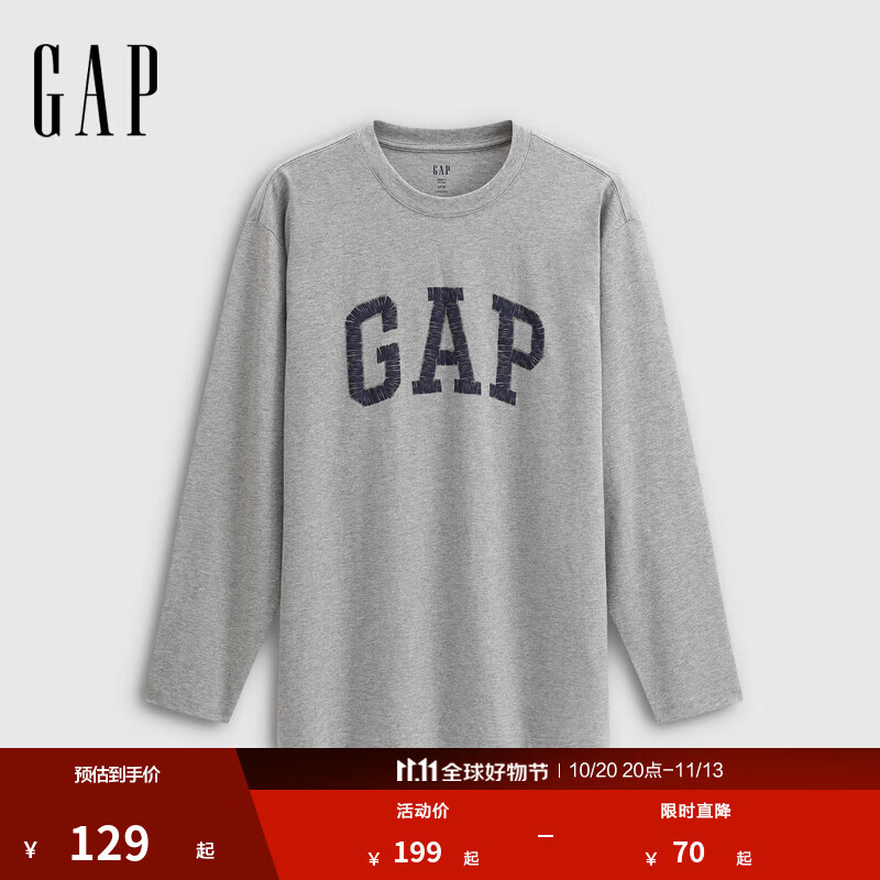 GAP男女装2025秋季新款logo纯棉宽松圆领长袖T恤休闲上衣 浅灰色 M (170/92A) 亚洲尺码