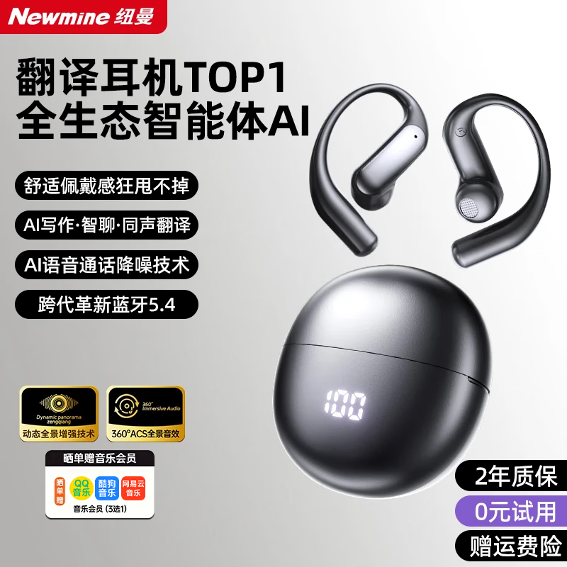纽曼（Newmine）【AI助手丨翻译耳机】蓝牙耳机挂耳式非骨传导概念无线跑步运动通话耳机超长续航实时翻译录音会议 【AI智能助手丨实时翻译丨同声传译】黑色