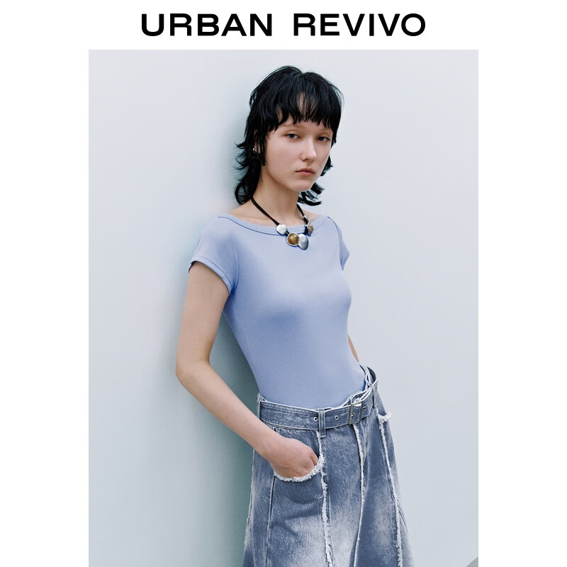 UR夏季新款女装时尚休闲格雷系褶皱收腰短袖T恤UYB450002 紫蓝 M