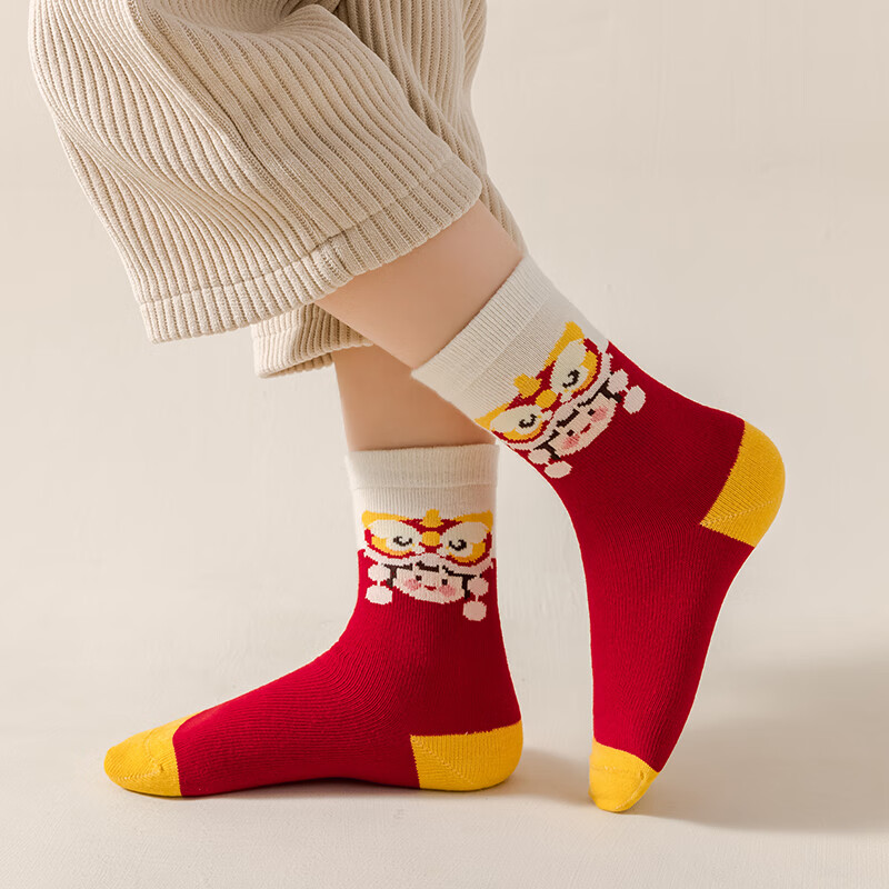 caramella儿童袜子女童男童棉袜红色中筒袜亲肤透气可爱卡通休闲袜 女童红袜5色 5双 9-12岁 (XL)