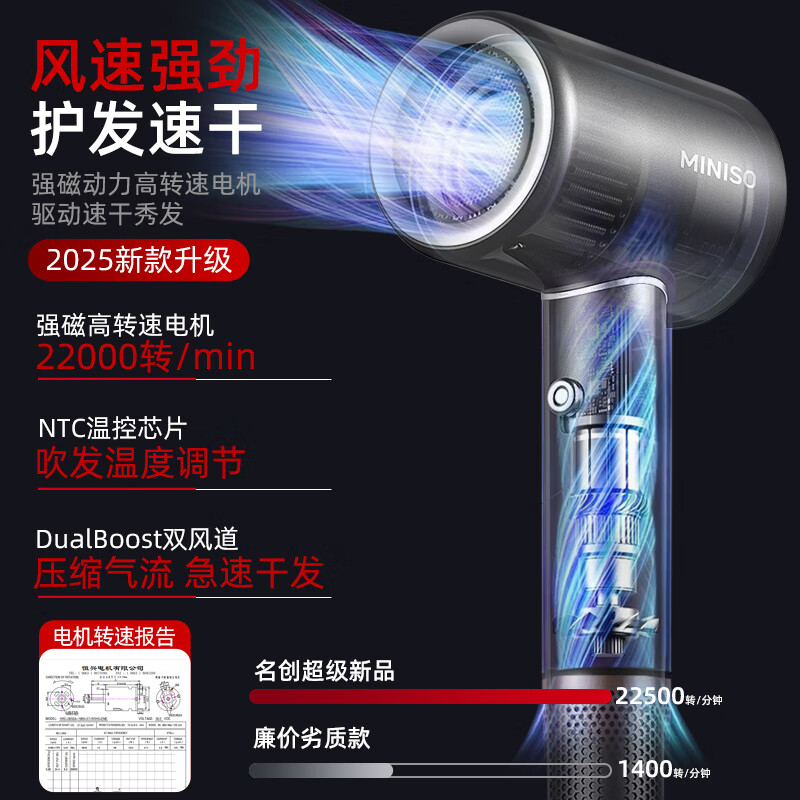 名创优品(MINISO)高速吹风机家用负离子护发静音大功率大风强力速干电吹风筒吹风机学生党礼物 旗舰款【星空灰】 1200W+蓝光护发