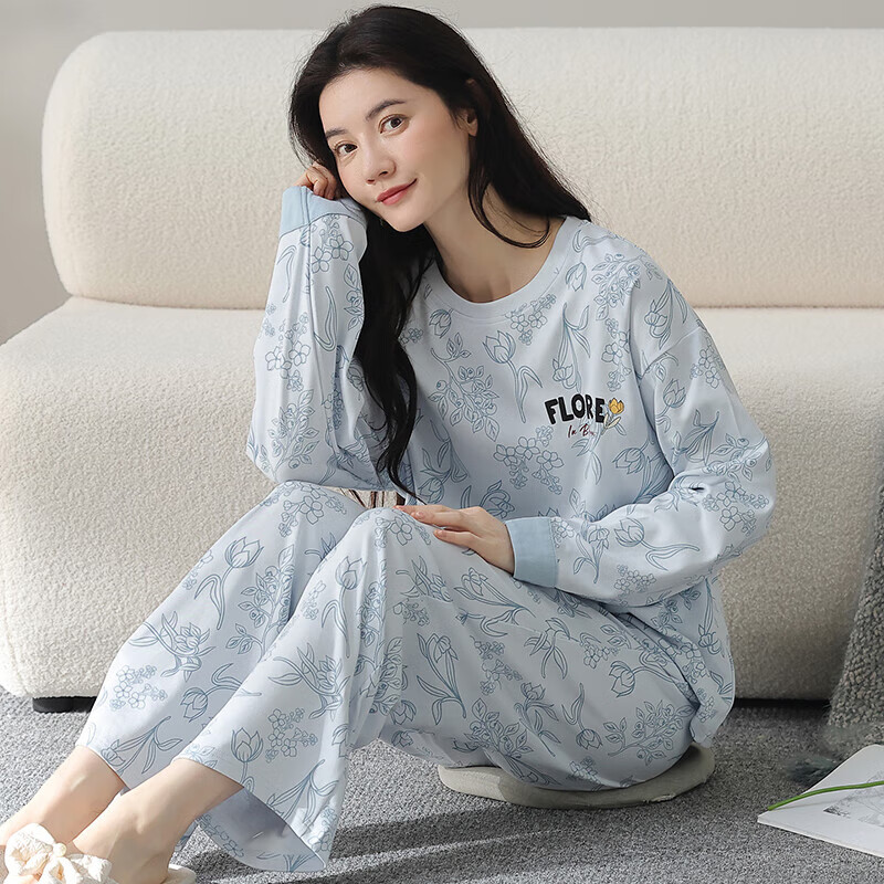 芬腾睡衣女纯棉秋新款优雅花卉套头休闲外穿长袖家居服套装 浅蓝 M