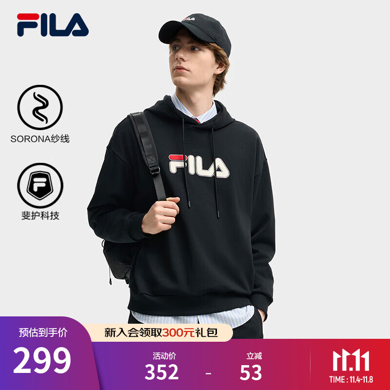 FILA 斐乐情侣款男女连帽卫衣2025冬季新款休闲宽松加绒保暖长袖上衣 【常规款】正黑色-BK L 175/96A/L