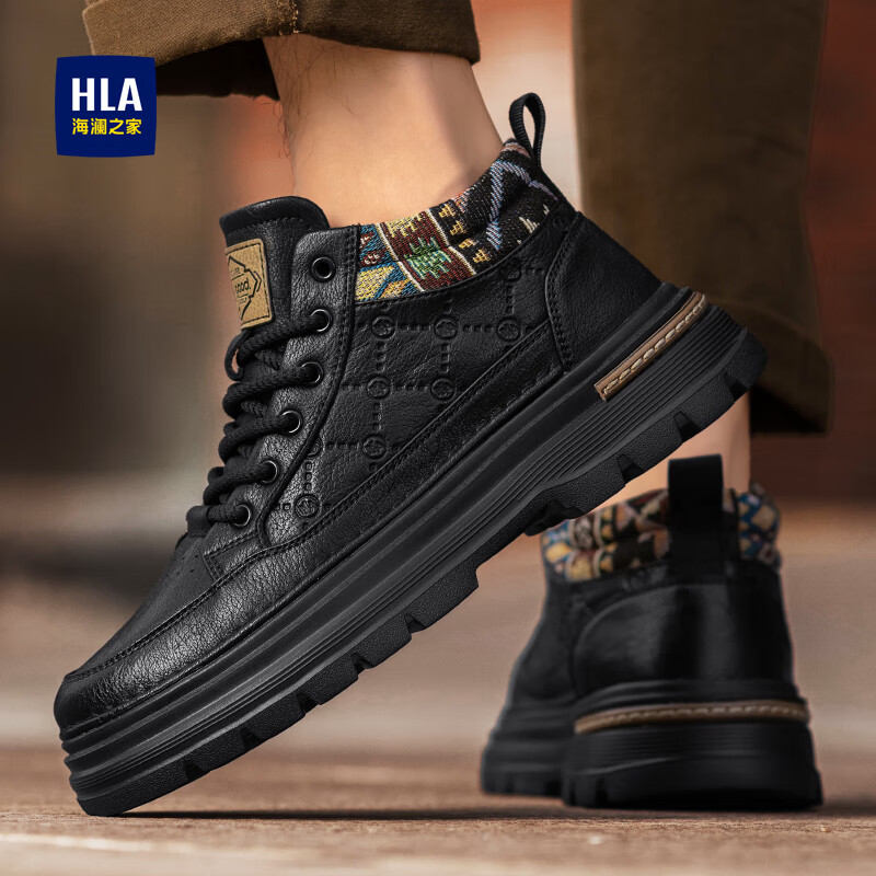 海澜之家（HLA）靴子男款冬季新款增高马丁靴男高帮工装靴子百搭英伦复古加绒棉靴 黑色 40