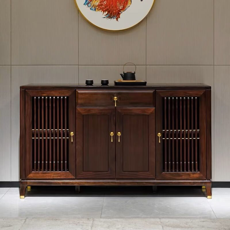 韵美嘉缘新中式乌金木实木餐边柜酒柜一体靠墙餐厅厨房碗筷收纳置物架矮柜 1.8米进口乌金木餐边柜