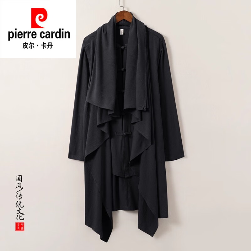皮尔卡丹（pierre cardin）中国风秋冬亚麻开衫外套中式汉服宽松中长款连帽风衣披风长袍男装 黑色 XL
