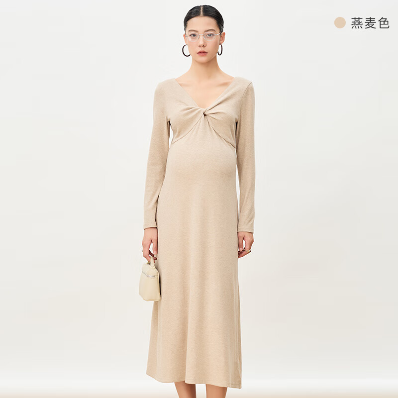Sellynear孕妇装秋装2025新款针织裙时尚法式扭结显瘦时髦连衣裙 燕麦色 S