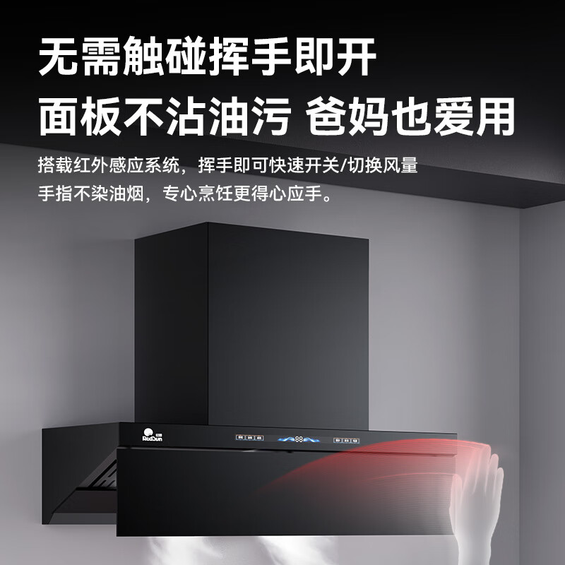 红日(RedSun)挥手触摸体感双控直流变频铜线电机32m³澎湃大吸力P6顶侧双吸热除油清洗静压1200pa抽油烟机 P6+65%热效率免改孔聚能鸳鸯灶YHM1S 天然气