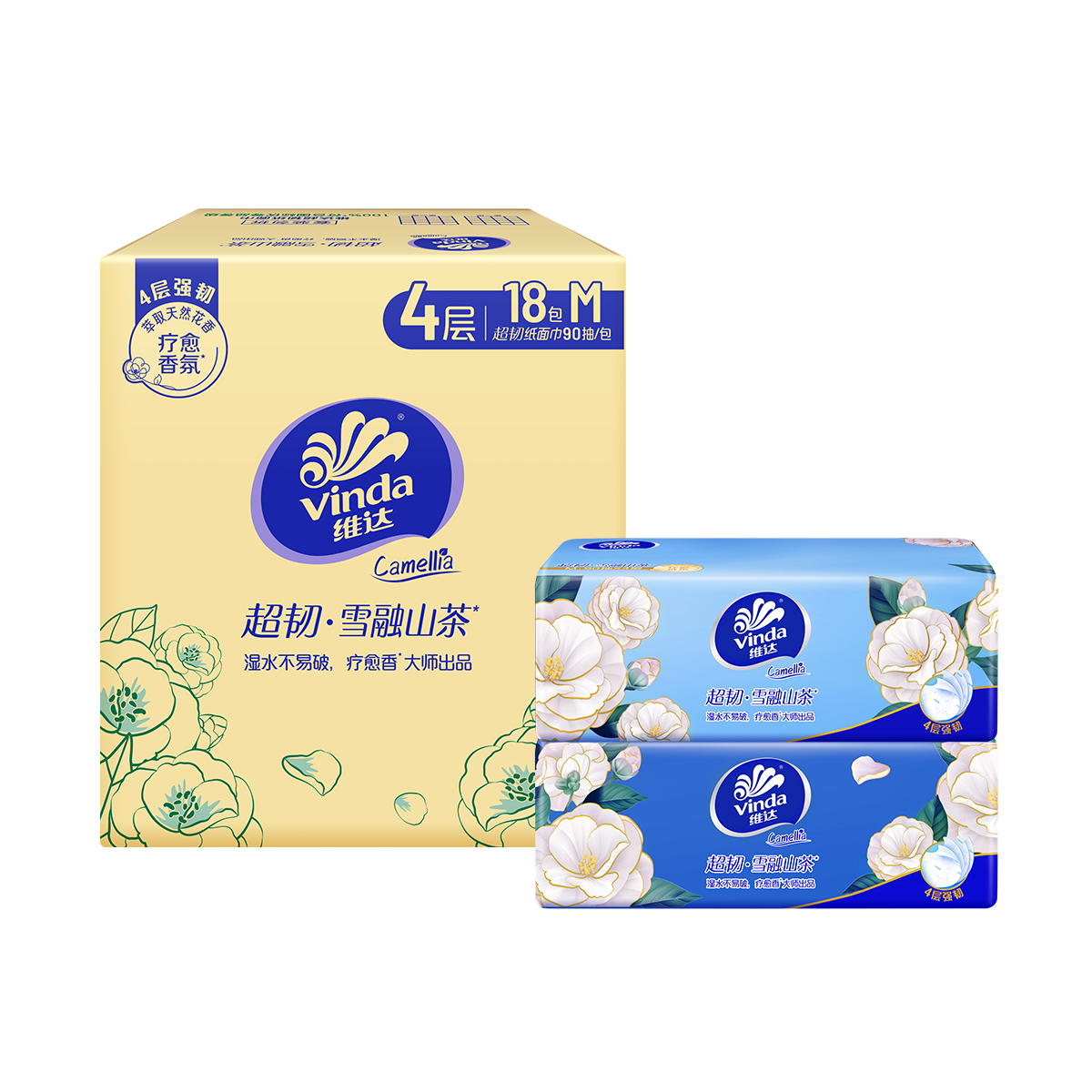 维达（Vinda）抽纸 超韧4层90抽*18包M码 雪融山茶花香 纸巾卫生纸餐巾纸整箱