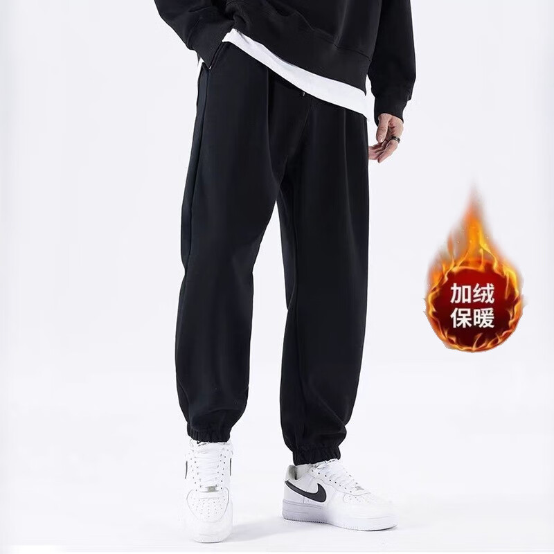 燠阳秋季2025新款直筒宽松卫裤男韩版时尚运动裤子简约百搭垂感休闲裤 【加绒款】束脚黑色 3XL （适合145-160斤）
