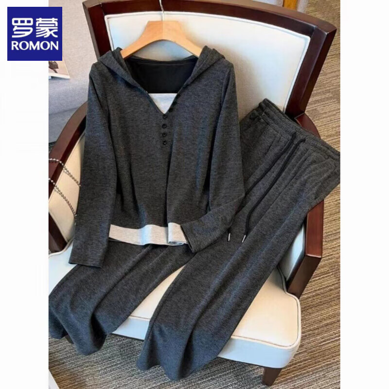 罗蒙（ROMON）慵懒连帽假两件上衣阔腿裤两件套大码大码胖mm休闲气质显瘦套装女 深灰色 连帽假两件上衣+阔腿裤 XL 115-130斤