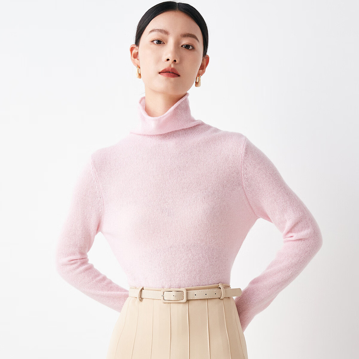 PALUOPO堆领100%山羊绒衫女式套头纯色打底针织秋冬保暖毛衣ET20055R 浅粉 M 160/100