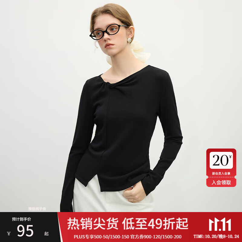 范思蓝恩设计感扭结T恤女春2025新款修身不规则显瘦白色上衣1211 黑色 M