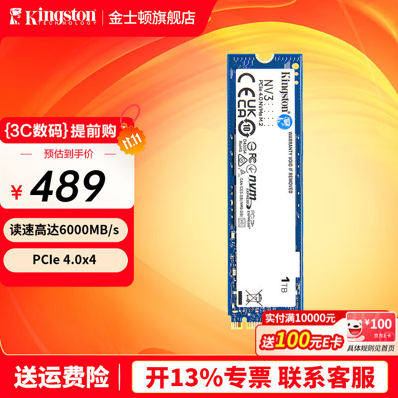 金士顿（Kingston）SSD m2固态硬盘 台式机笔记本 (M.2接口 NVMe协议) NV3 1TB PCIe 4.0