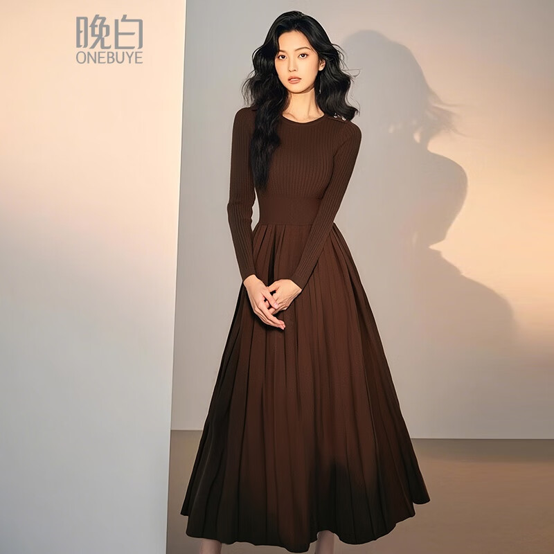 晚白【断码清仓】2026春款修身裙子羊毛百搭气质针织打底连衣裙 深褐色 M