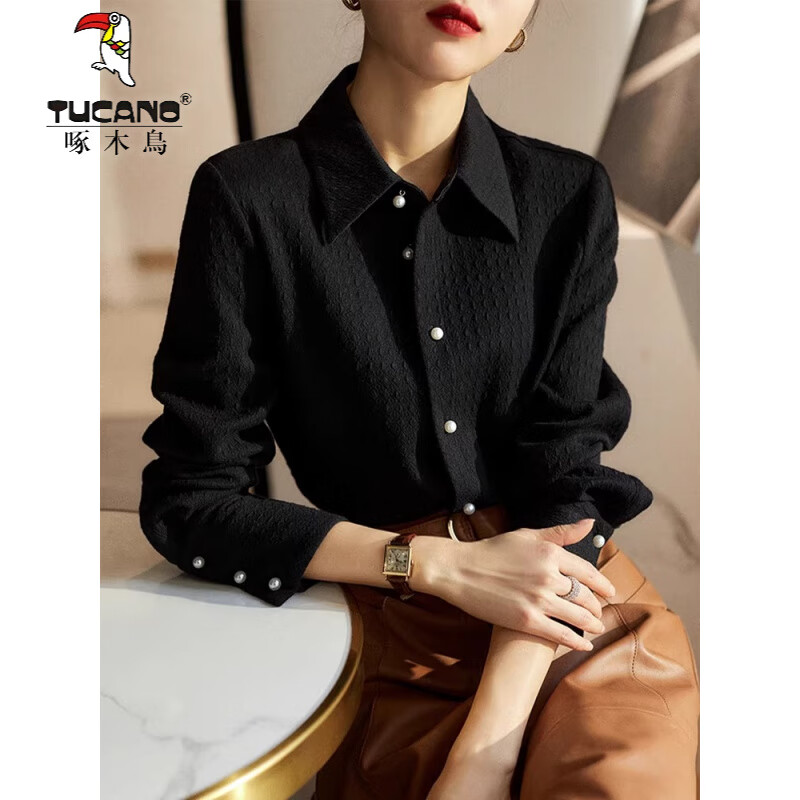 啄木鸟加绒加厚黑色衬衫长袖女秋冬女装显瘦po.lo领内搭上衣气质打底衬 轻薄黑色薄 S 【75-90斤】