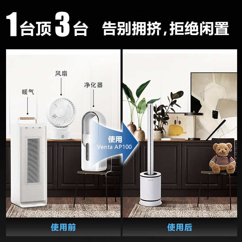venTa【享3年滤网权益】德国无叶净化扇冷暖风扇取暖器空气净化器静音家用落地电暖器立式文塔德国 3合1冷暖风+空气净化