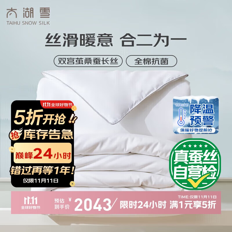太湖雪 二合一蚕丝子母冬被100%桑蚕丝 全棉面料被重约12.6斤2*2.3m白
