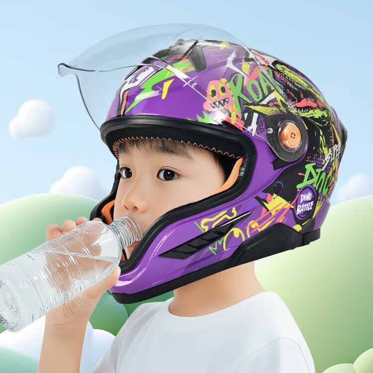 NBTK3C认证儿童头盔喝水头盔大镜片机车全盔摩托车鬼面盔亲子盔 恐龙 L(53CM-55CM)