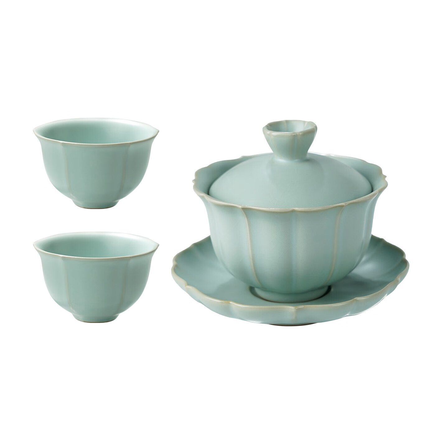 青澹墨雅天青汝窑 盖碗茶组冰裂釉开片三才泡茶盖碗 景德镇手工陶瓷礼盒装 承云玉润茶组 3件