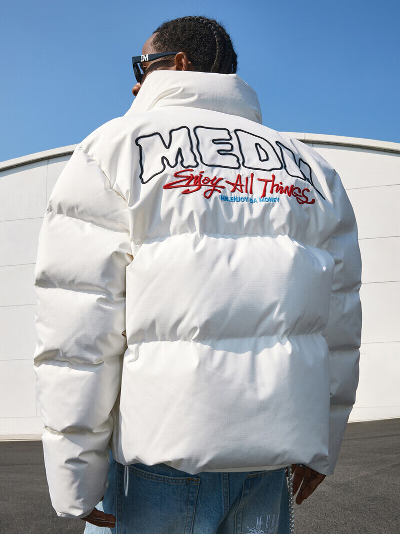 MEDM国潮牙刷绣立领羽绒服男士冬季新款百搭宽松高街休闲保暖外套 白色 XL