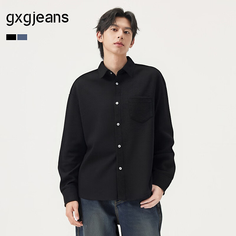 gxgjeans男装多色口袋设计基础长袖衬衫25年秋新品 黑色 180/XL