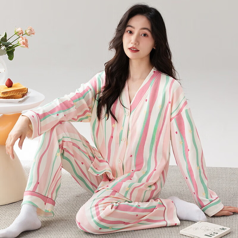 雅鹿睡衣女士带胸垫家居服套装长袖长裤春秋季薄款和服领开衫可外穿 H2285多巴胺(带胸垫) XL 【建议110-130斤】