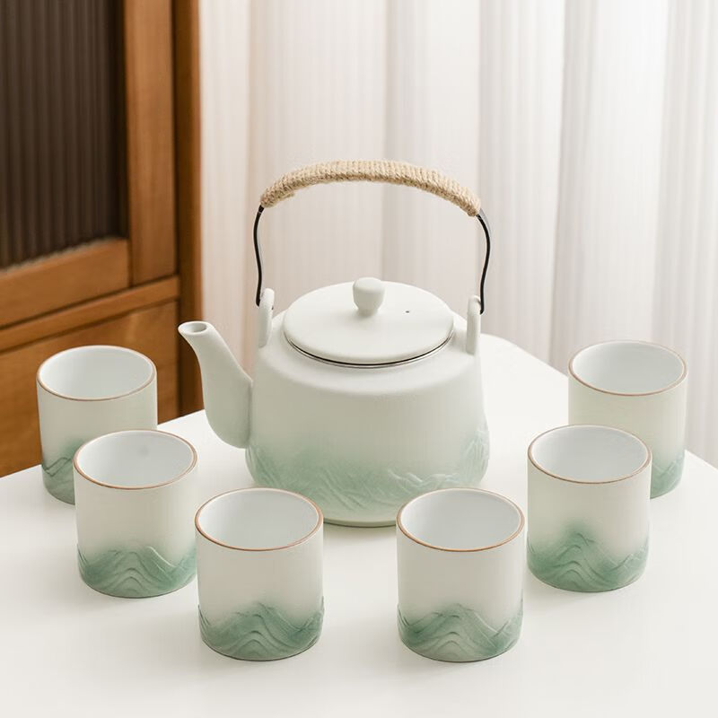 简漾小清新提梁壶功夫茶具套装陶瓷中式简约现代大号茶壶茶杯一套送礼 白套装