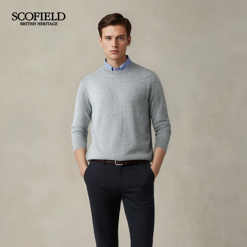 Scofield男装25年秋冬新款绵羊毛圆领简约纯色商务休闲保暖毛衣 灰色 XL (180)