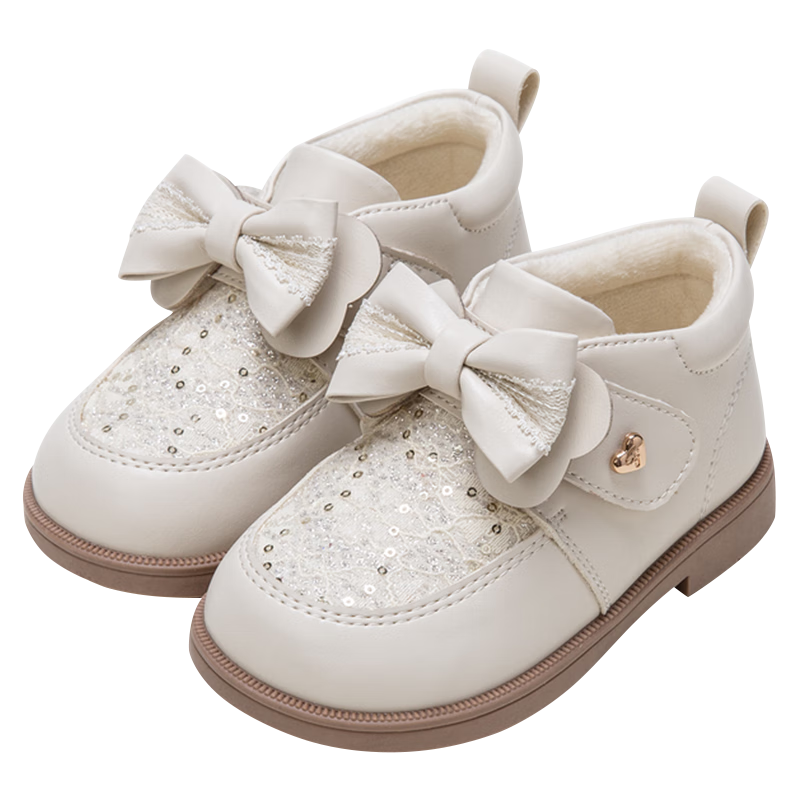 富羅迷女童學(xué)步鞋冬季甜美軟底防滑公主靴嬰幼兒加絨寶寶棉鞋 米白 29