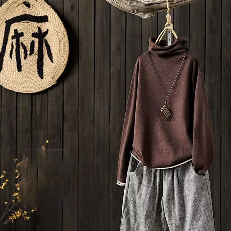 子牧棉麻2025秋装 女百搭德绒打底衫堆堆领时尚洋气长袖小衫上衣0488 咖啡色 M (建议95-110斤)