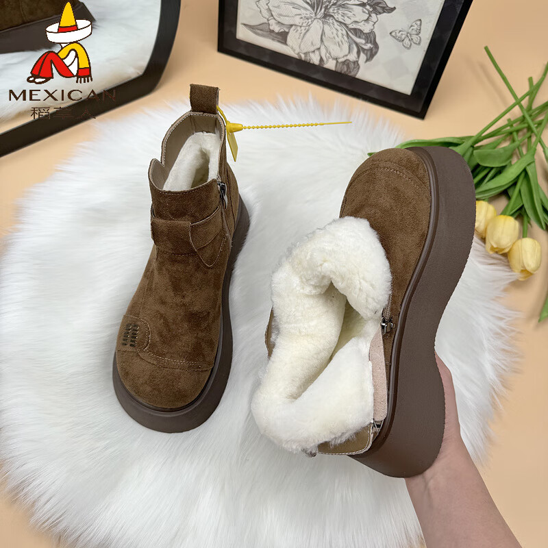 稻草人（MEXICAN）厚底羊毛雪地靴女2026新款冬季加厚绒保暖勃肯短靴皮毛一体大棉鞋 卡其【真羊毛抗寒】 34
