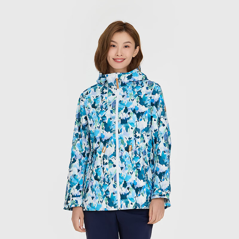 LAFUMA法國(guó)樂(lè)飛葉戶外防潑水防風(fēng)外套女春季印花風(fēng)衣夾連帽時(shí)尚登山服 天藍(lán)色SL 160/80A 36
