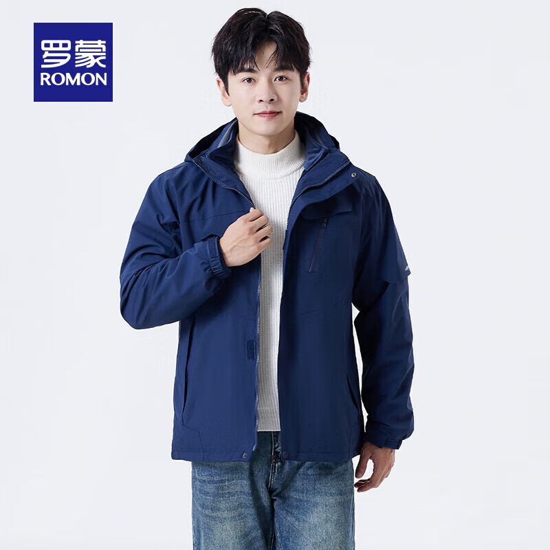 罗蒙情侣款抓绒冲锋夹克男士秋冬新款户外休闲可拆卸加绒内胆保暖外套 7J586158A藏青色【男款】 M (170) -