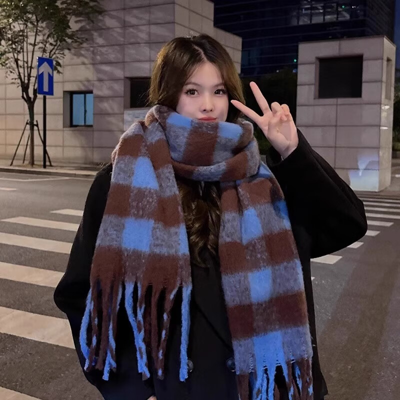 蝴蝶少女美拉德围巾女冬季新款围巾百搭秋冬保暖韩系学生情侣格子加厚围脖 1号蓝棕格子【虞书欣同款】大号