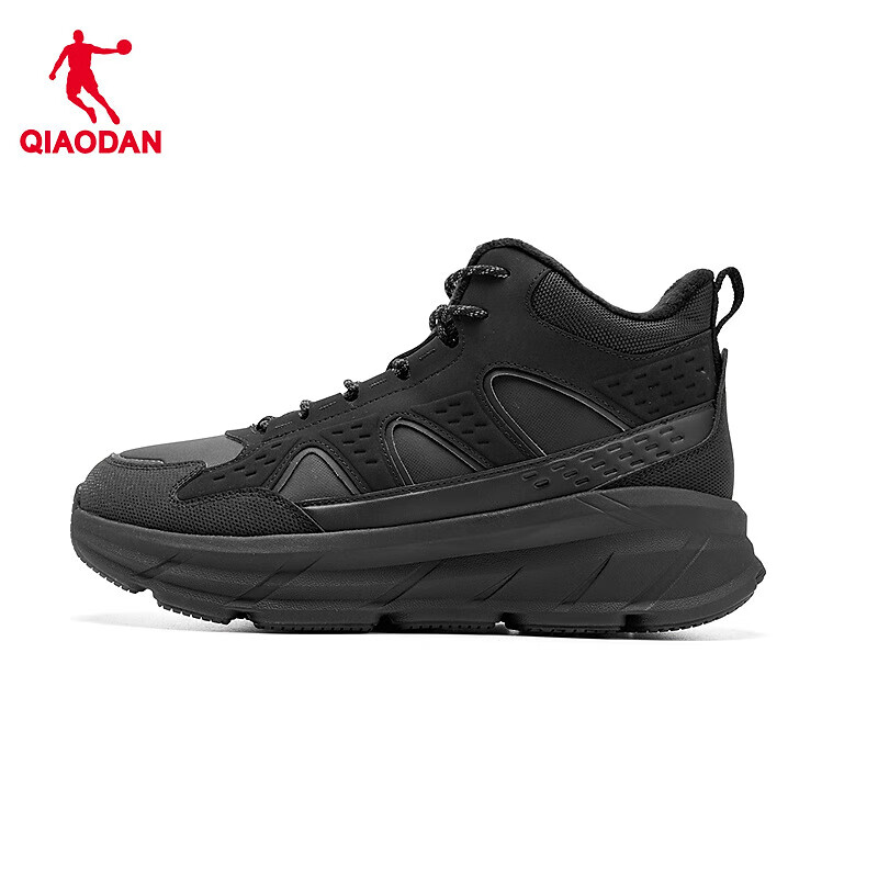 乔丹男鞋运动鞋高帮加绒棉鞋加厚皮面革面保暖防水减震防滑跑步鞋户外 男-黑色/电掣灰 42