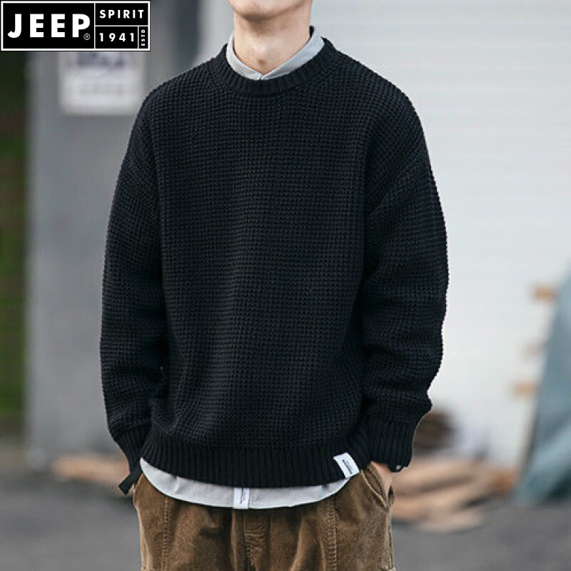 JEEP SPIRIT日系秋冬毛衣男小众复古针织衫宽松新款潮流宽松休闲百搭打底衫男 黑色 M