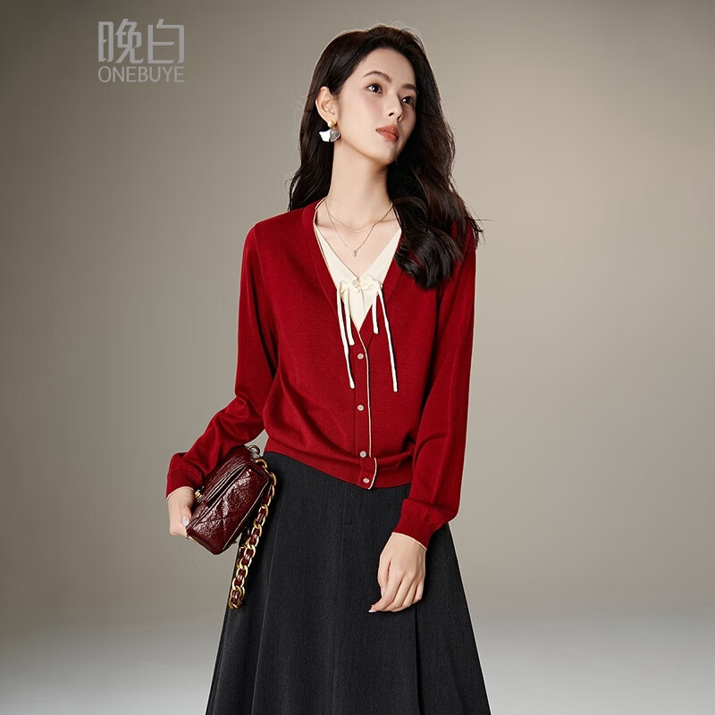 晚白【新品】中国红假两件设计感套头针织衫 红色 M