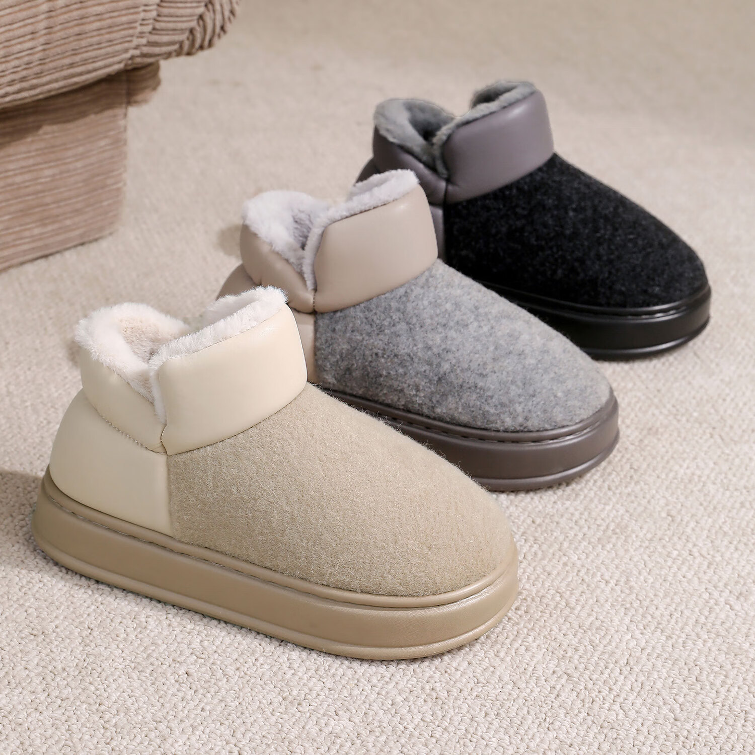 海澜之家（HLA）高帮保暖全包跟棉拖鞋男士秋冬季新款家居加厚毛绒保暖情侣棉鞋 烟灰色 44-45 【适合43-44码脚】