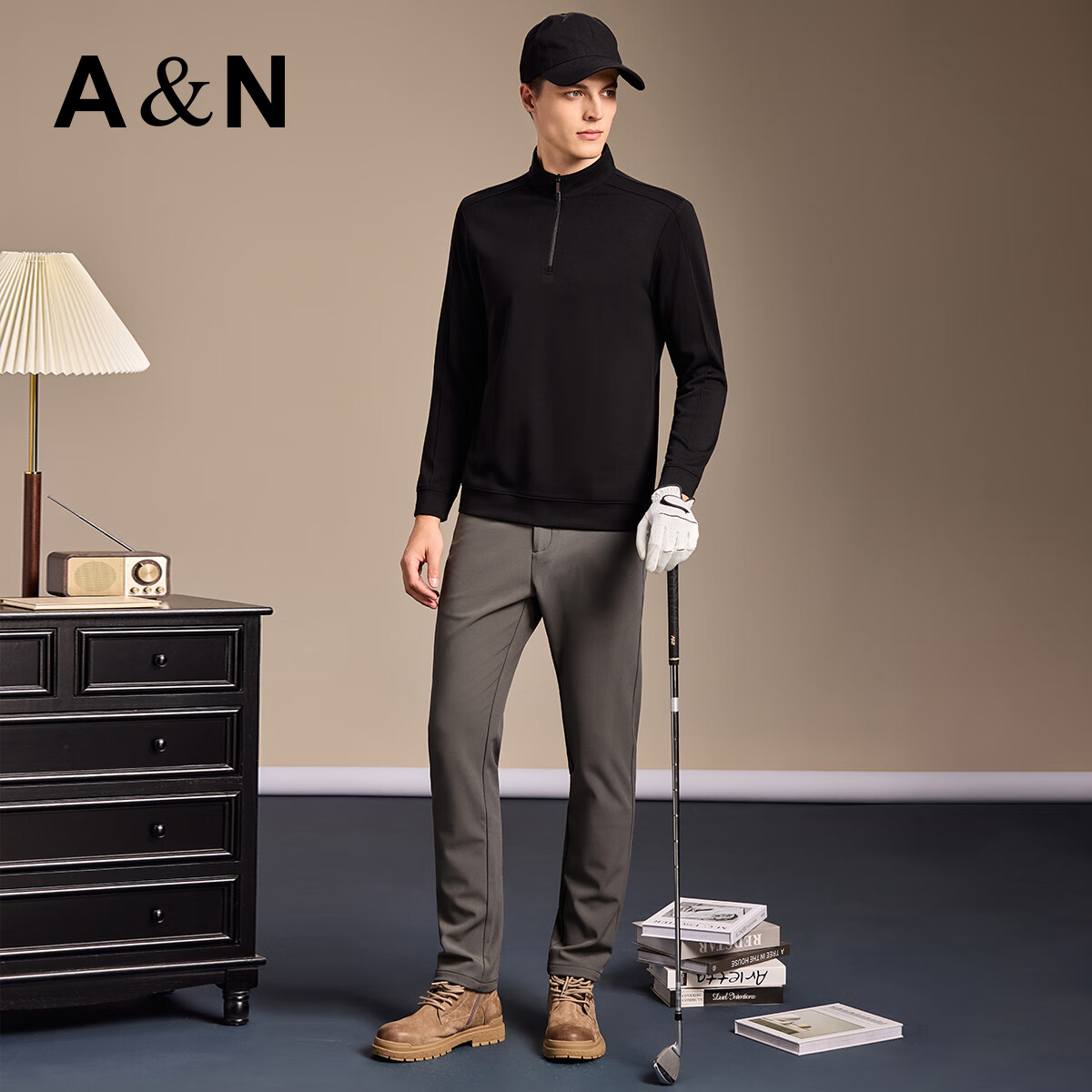 安东尼奥【羊毛莫代尔空气层】轻奢立领卫衣男春秋季运动休闲弹力舒适T恤 黑色 M (170/88A)