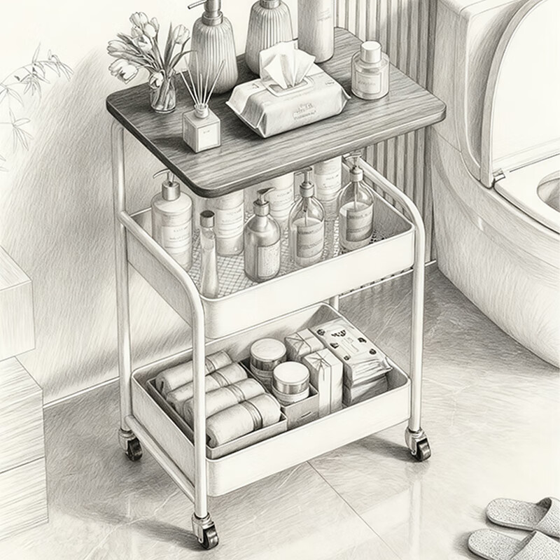 尔思家浴室置物架多层收纳小推车落地零食架子客厅收纳架厨房储物架层架 白色-三层